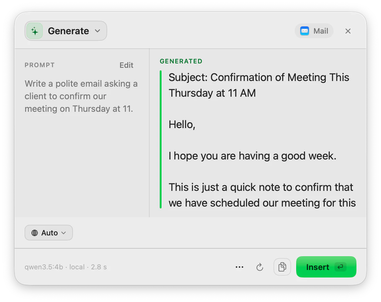 The ToneMate Generate panel with a short prompt on the left and a generated email draft on the right.
