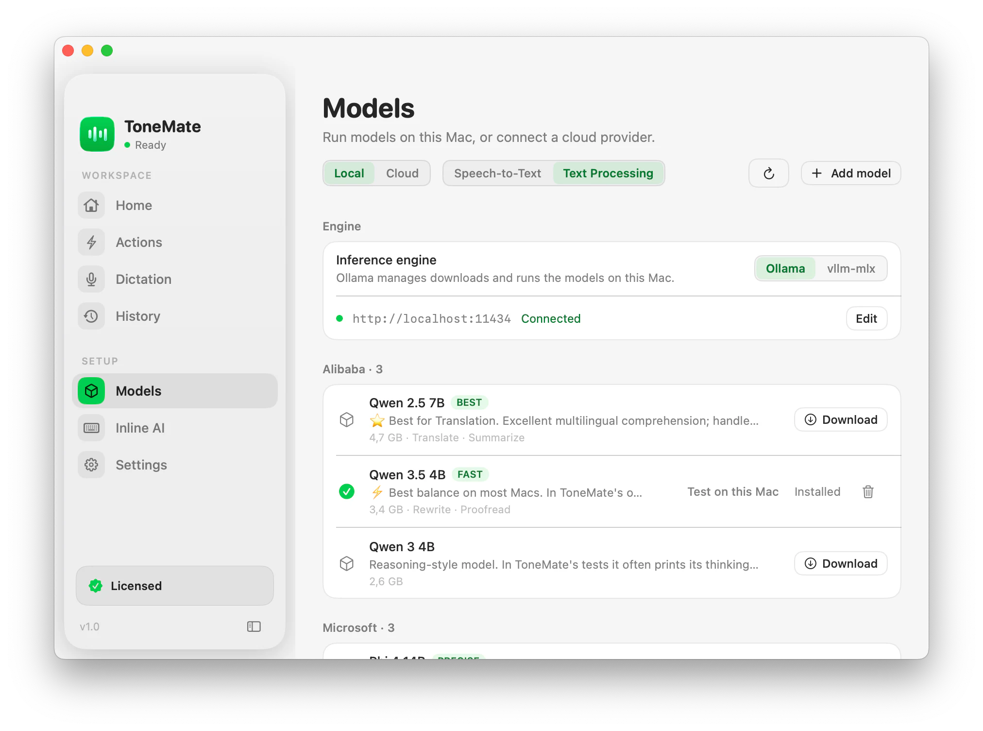 The Models screen of ToneMate: local models, the inference engine and their status.