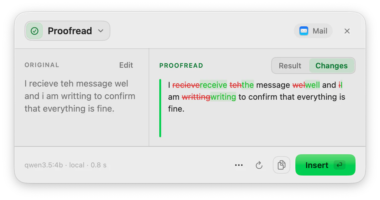 The Proofread panel showing corrected words, with removed text in red and the replacements in green.