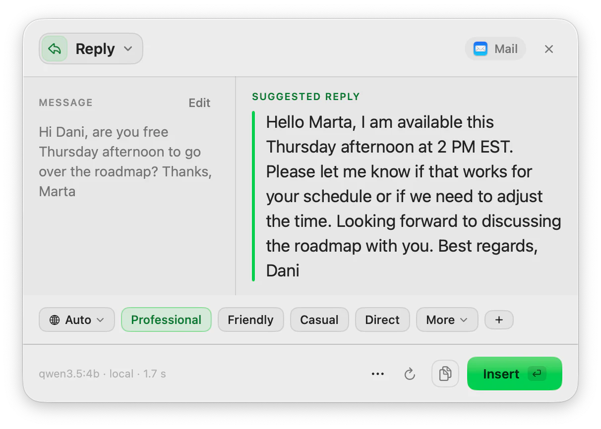 The Reply panel with a received message and the drafted reply.