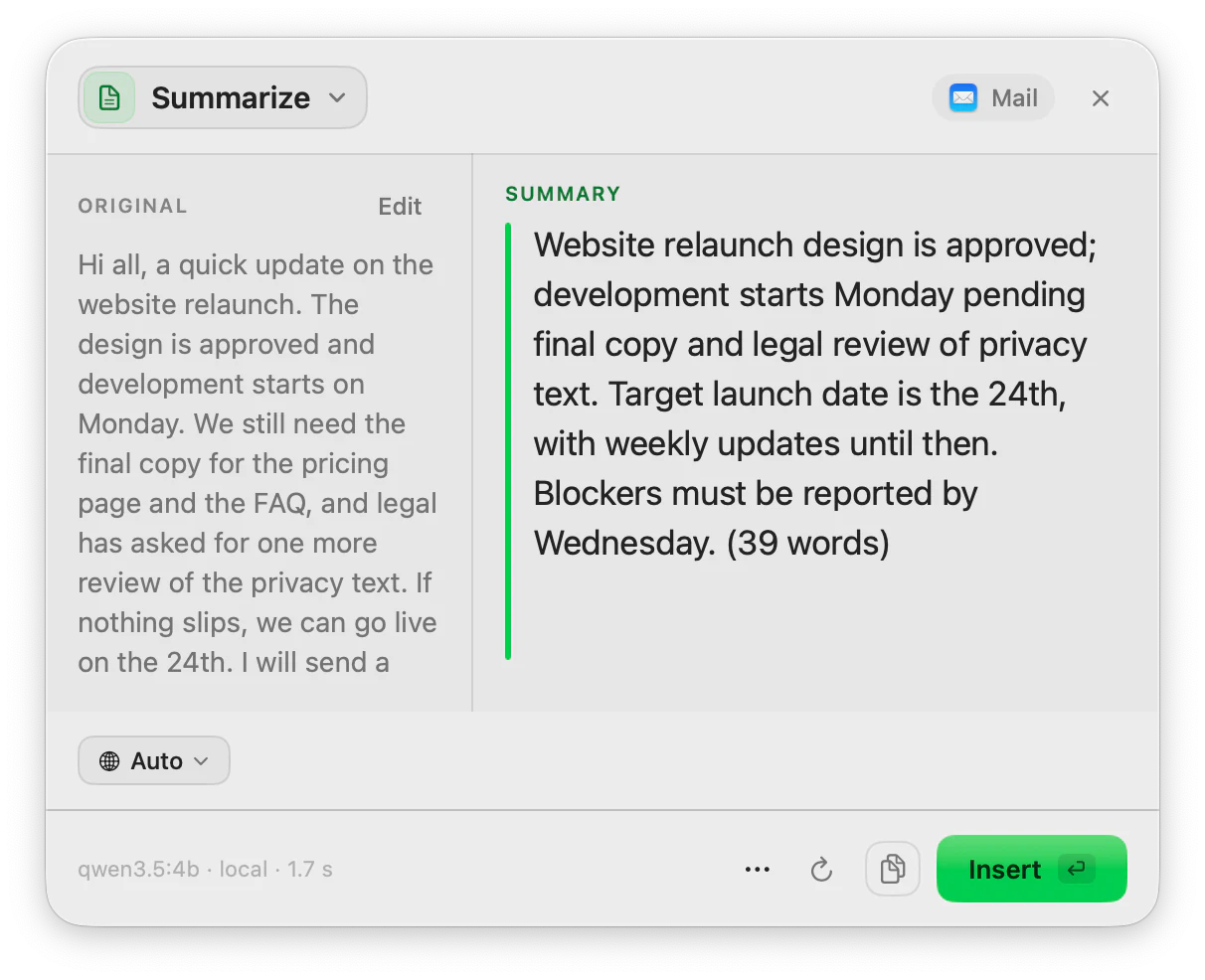 The ToneMate Summarize panel with the original text on the left and a short summary on the right.