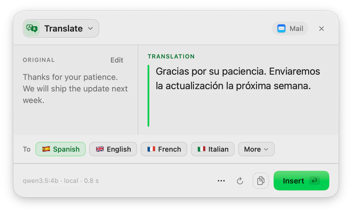The Translate panel with an English message and its Spanish translation.